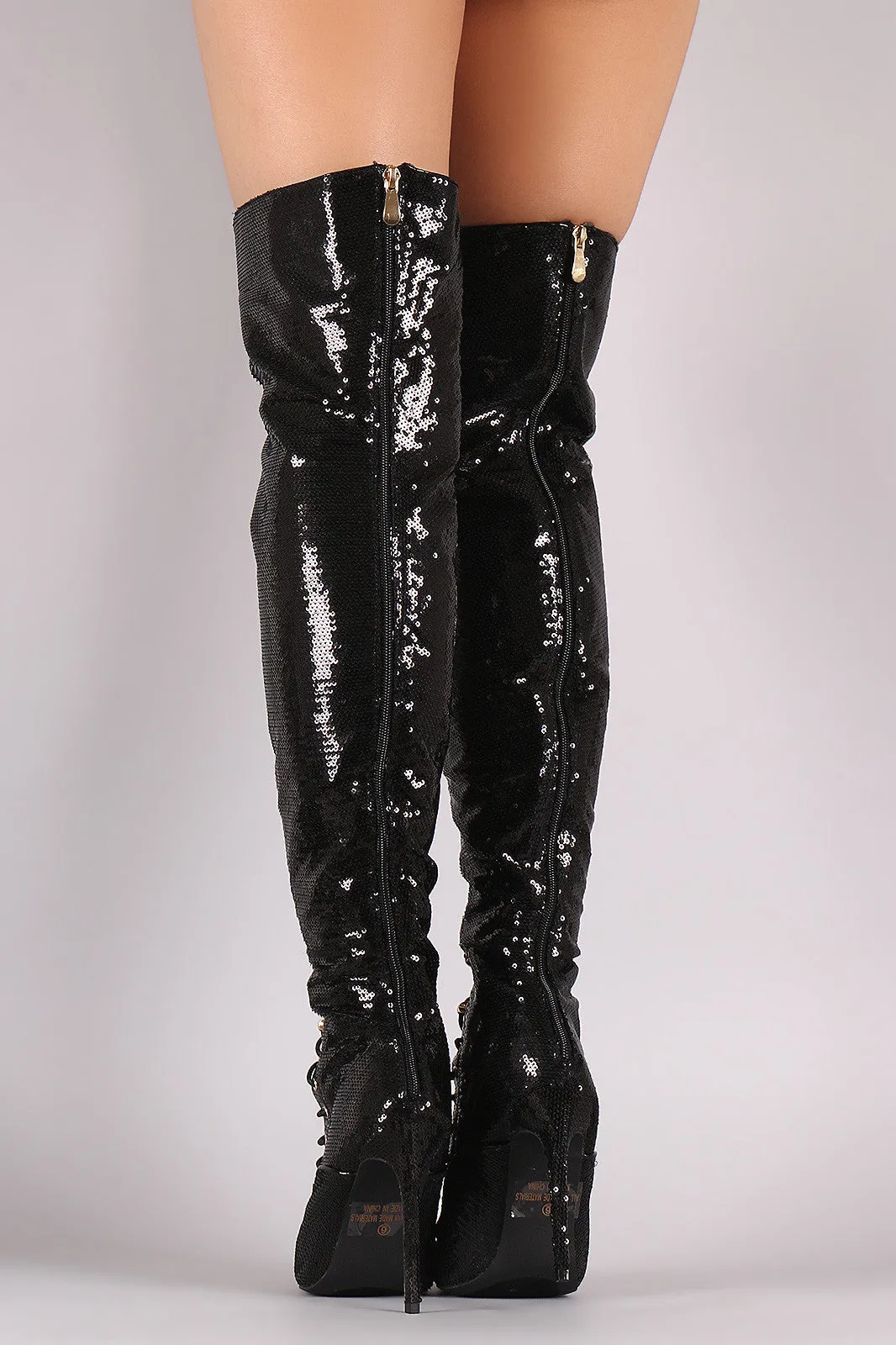 Sequin Pointy Toe Lace-Up Stiletto Over-The-Knee Boots