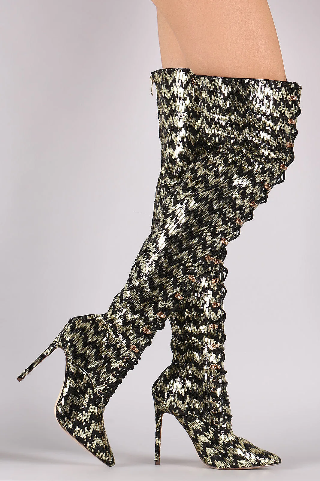 Sequin Pointy Toe Lace-Up Stiletto Over-The-Knee Boots