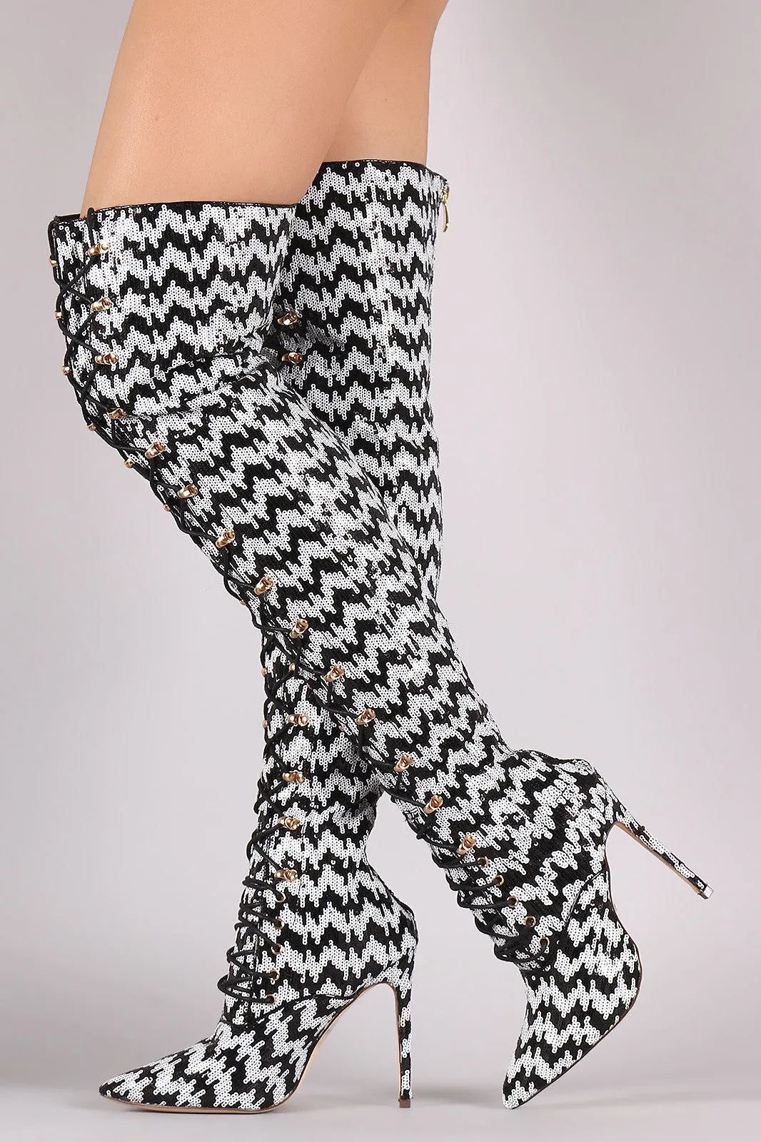 Sequin Pointy Toe Lace-Up Stiletto Over-The-Knee Boots