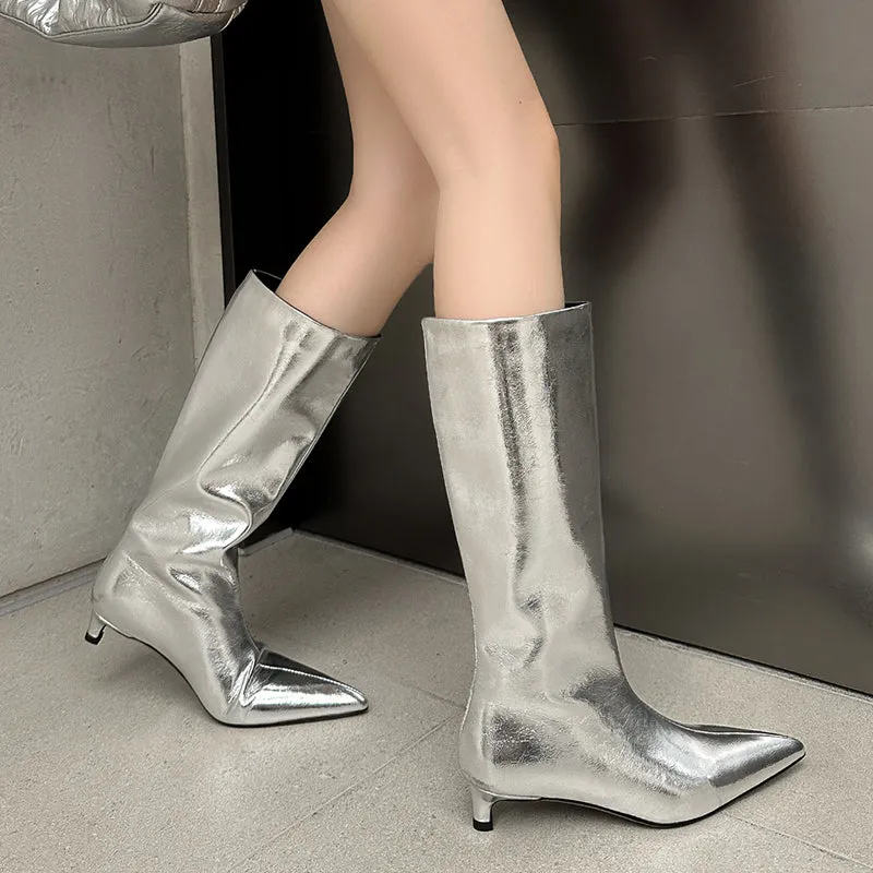 Silver Knee High Boots