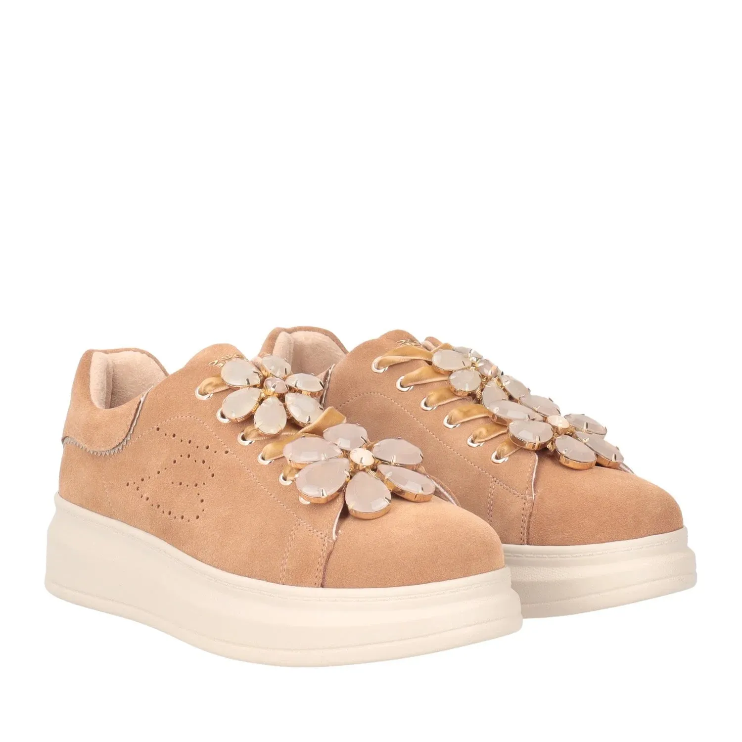 SNEAKER JULIETTE CON FIORE IN PIETRE COLORE CUOIO