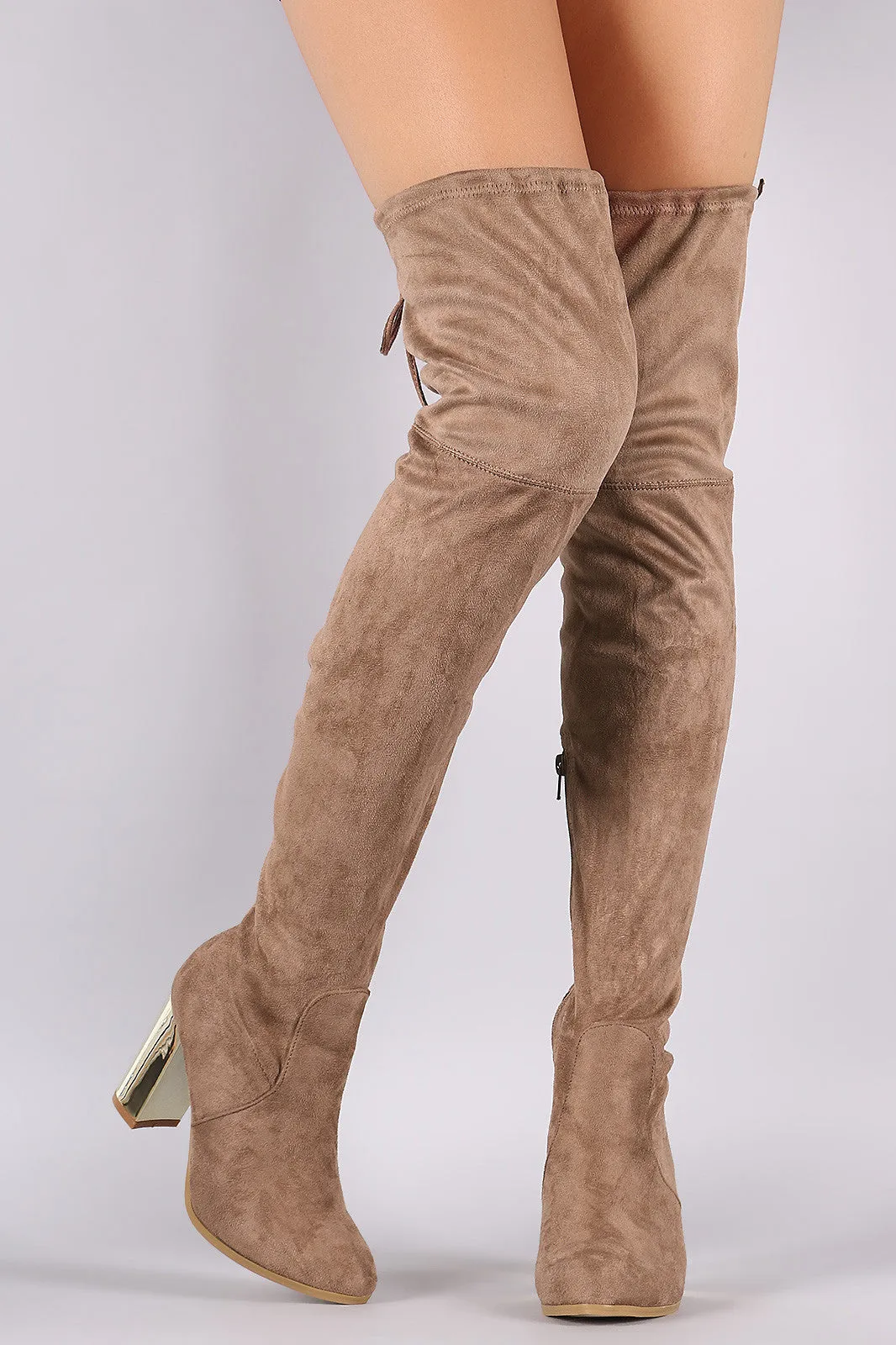 Suede Drawstring Tie Chunky Metallic Heeled Over-The-Knee Boots