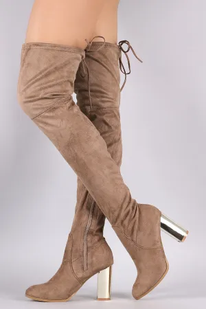 Suede Drawstring Tie Chunky Metallic Heeled Over-The-Knee Boots