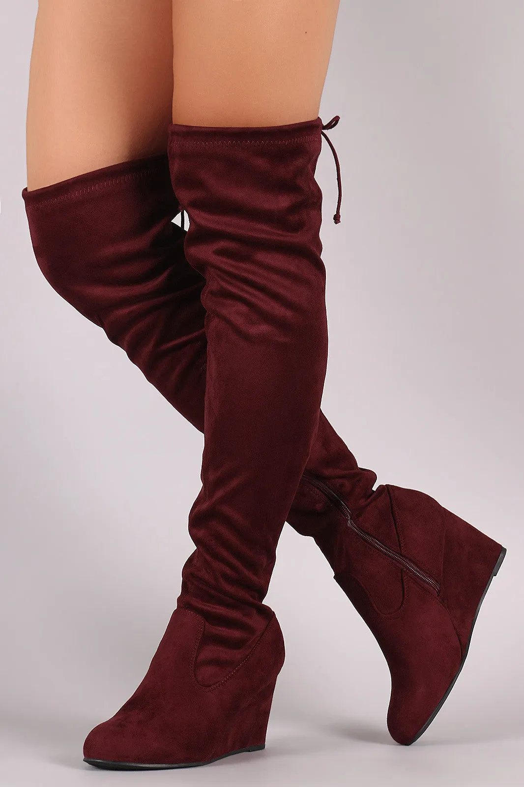 Suede Drawstring Tie Over-The-Knee Wedge Boots