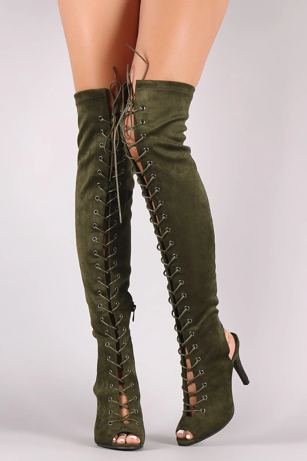 Suede Peep Toe Lace Up Heeled Over-The-Knee Boots