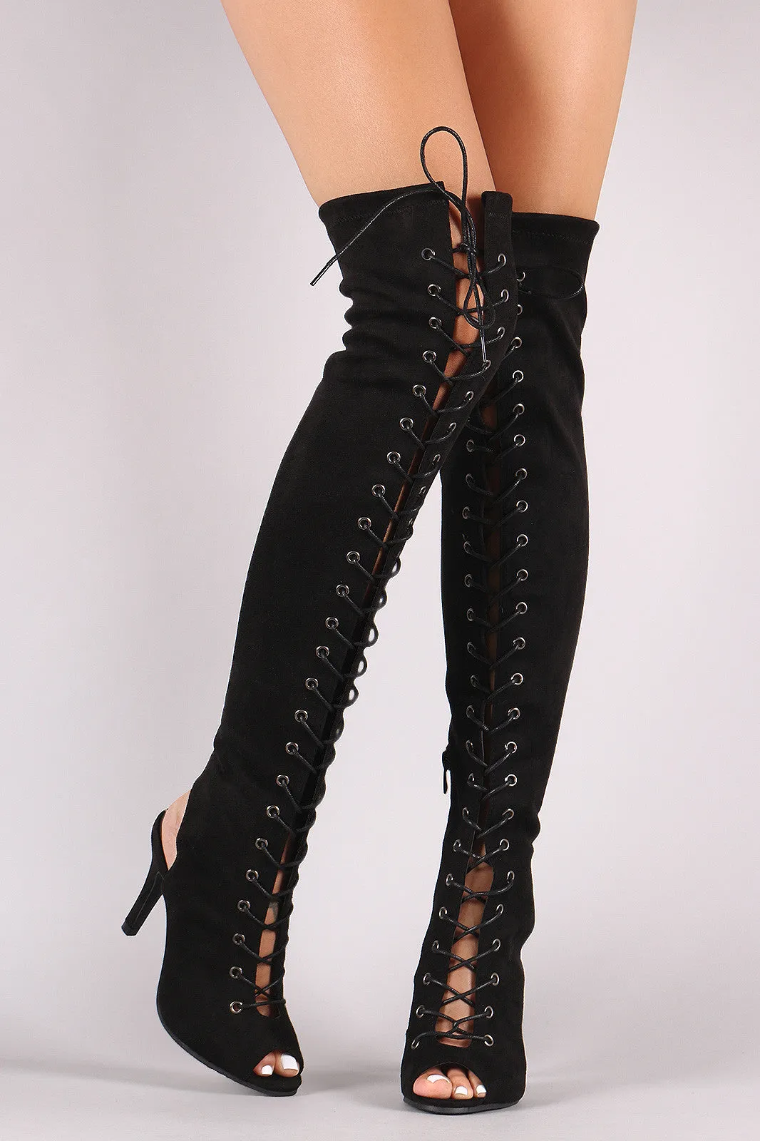 Suede Peep Toe Lace Up Heeled Over-The-Knee Boots