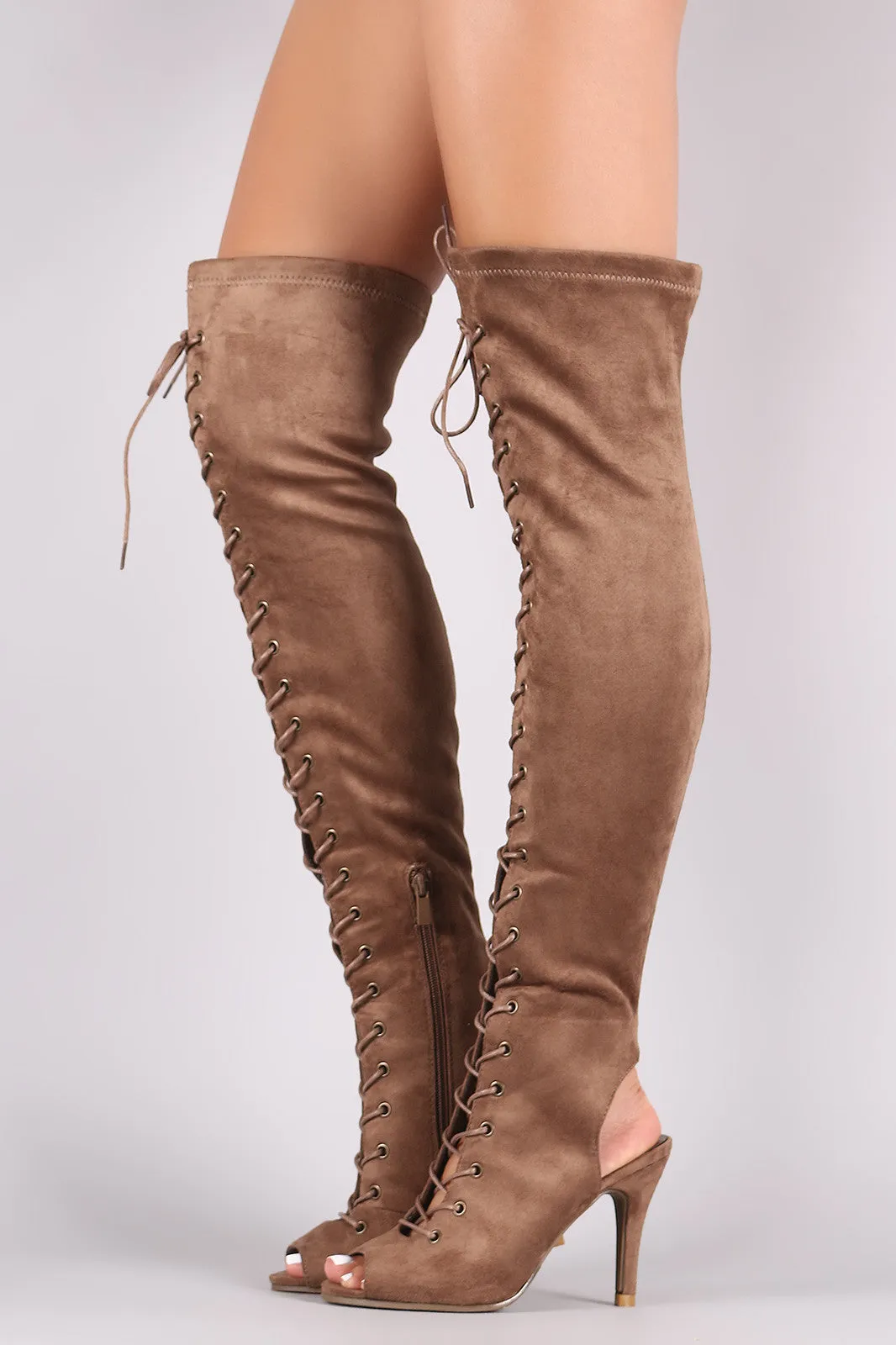 Suede Peep Toe Lace Up Heeled Over-The-Knee Boots