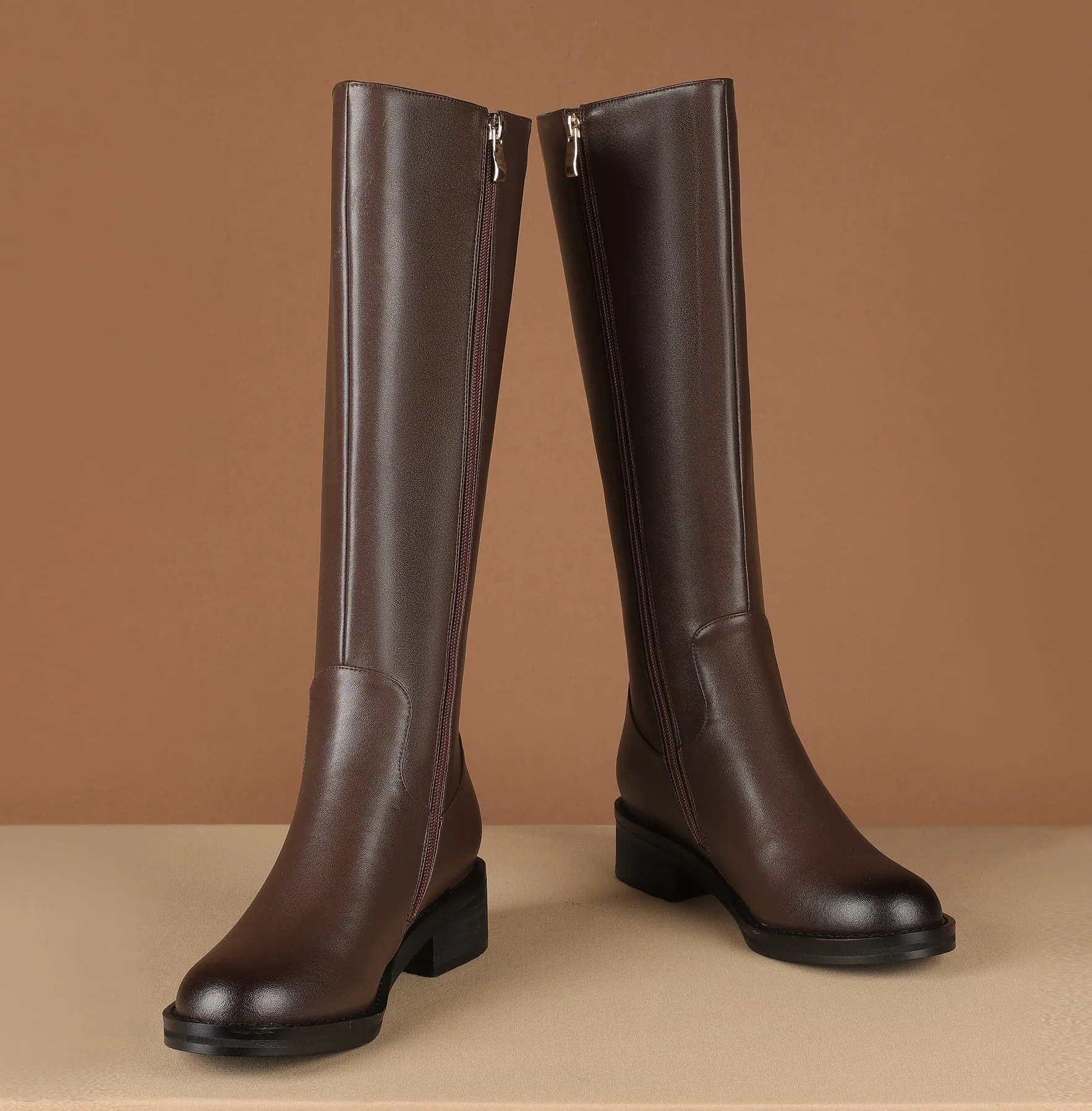 TinaCus Round Toe Genuine Leather Handmade Side Zipper Comfort Low Chunky Heels Women's Knee High Boots