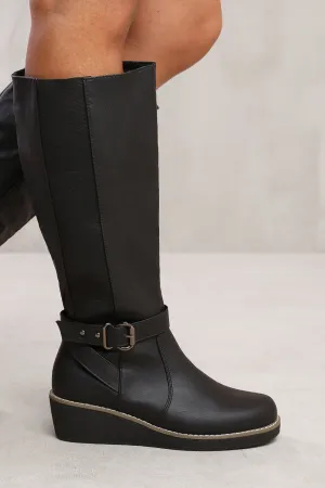 VANDA WEDGE HEEL KNEE HIGH BOOTS WITH ELASTIC PANEL IN BLACK