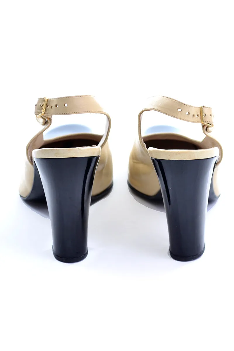 Vintage Chanel Slingback Heels Cream and Black Block Heel Shoes 39.5