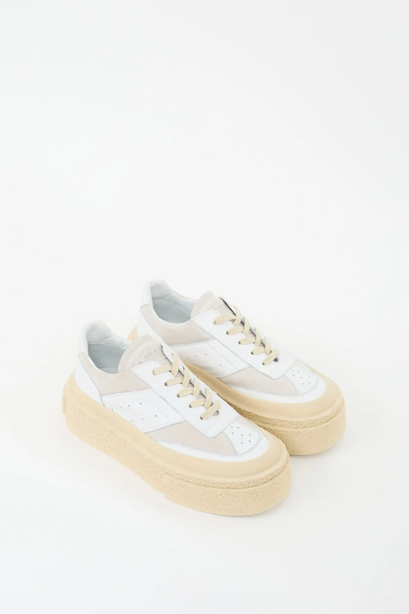 White & Beige Leather Platform Sneaker