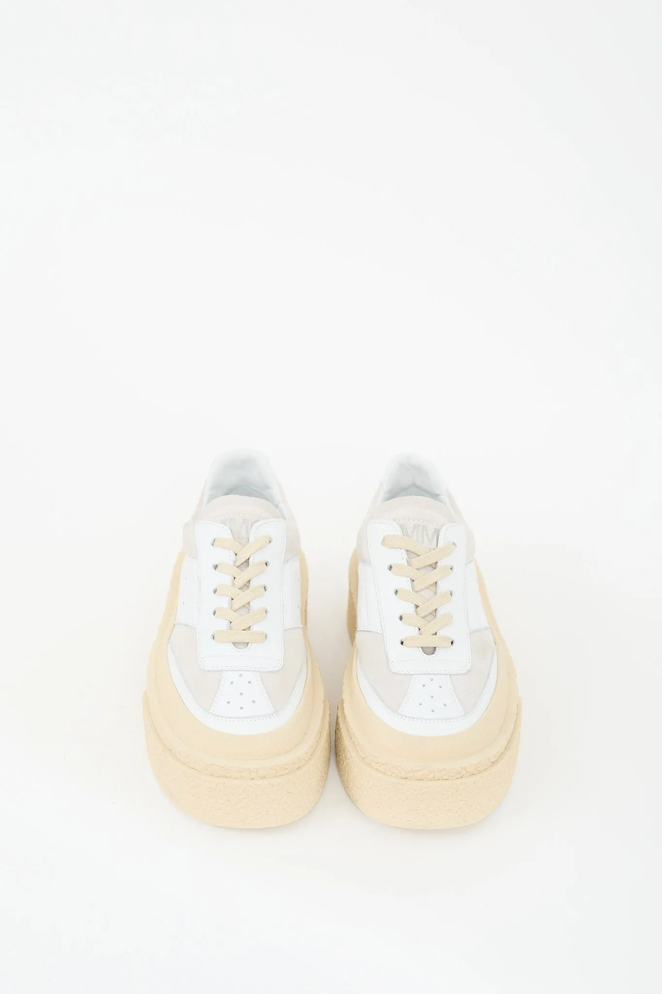 White & Beige Leather Platform Sneaker