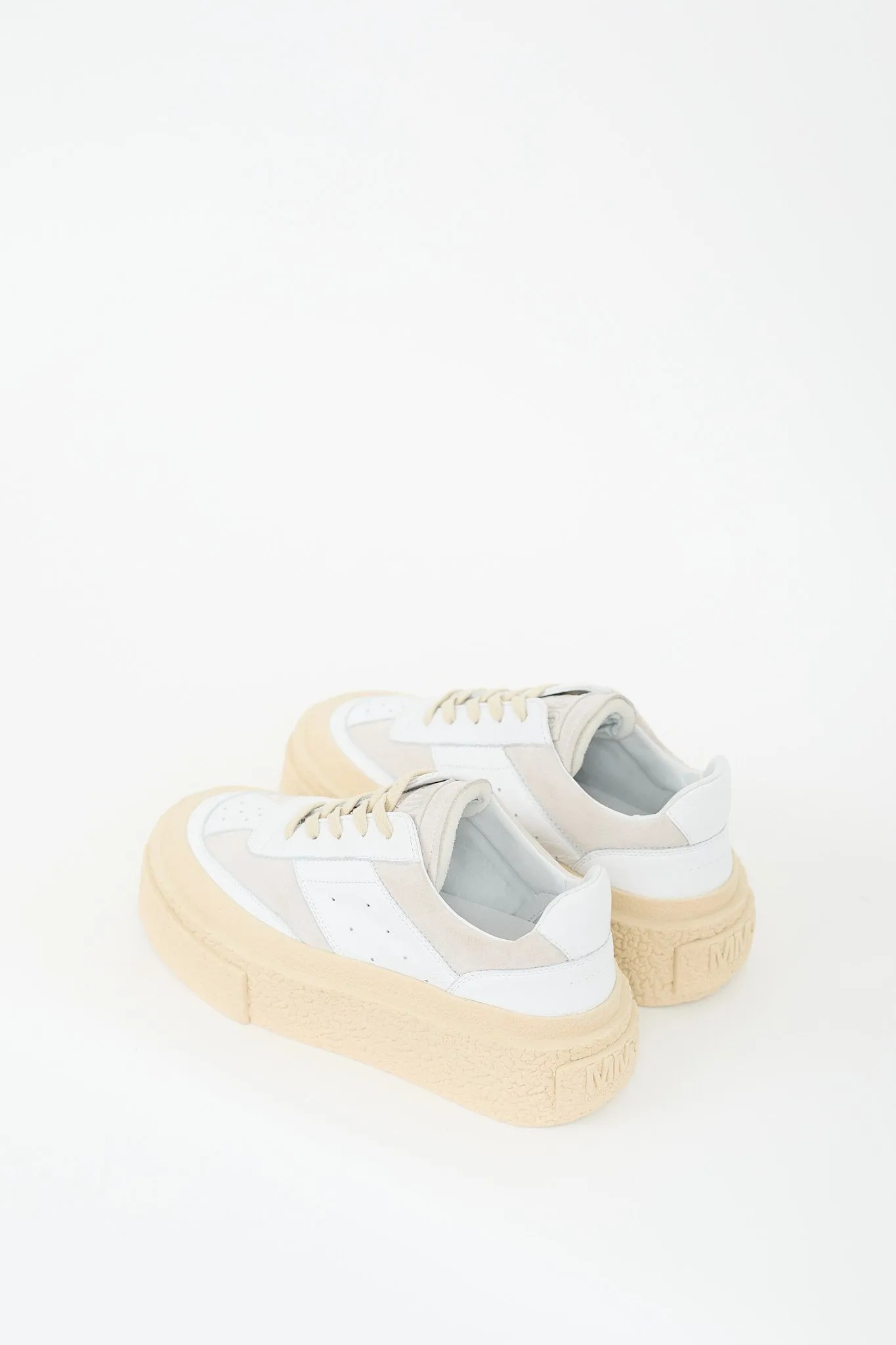 White & Beige Leather Platform Sneaker