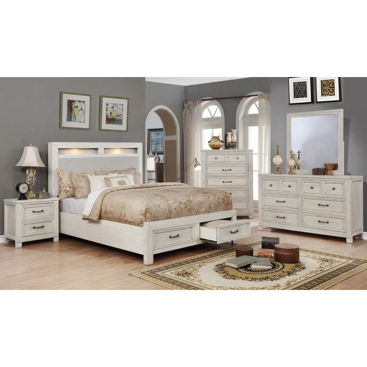 White Darcy King Storage Bed with Upholstered Headboard & LED Lights