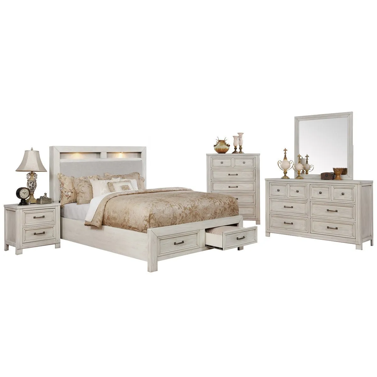 White Darcy King Storage Bed with Upholstered Headboard & LED Lights