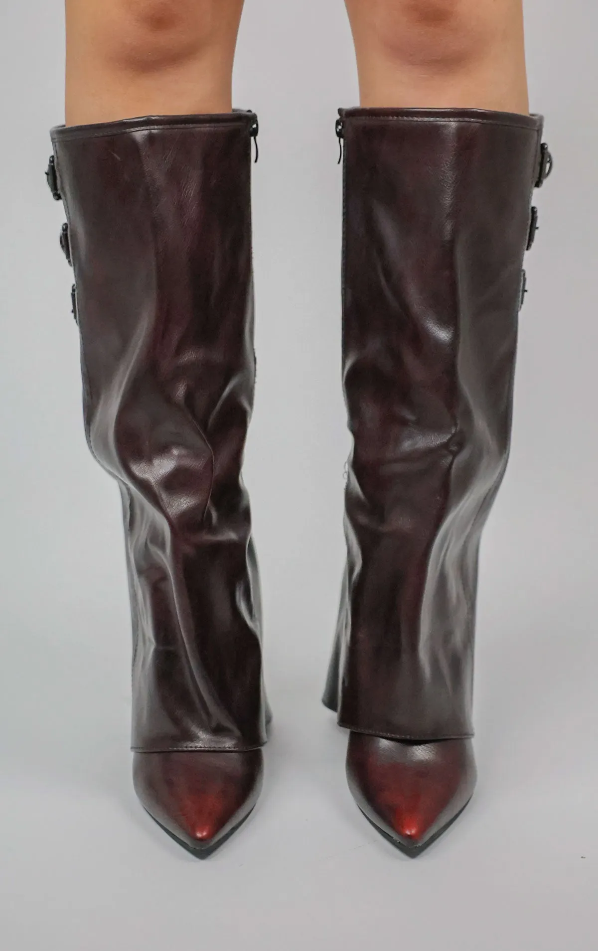 Wine Knee High Fold Over Buckle Boots