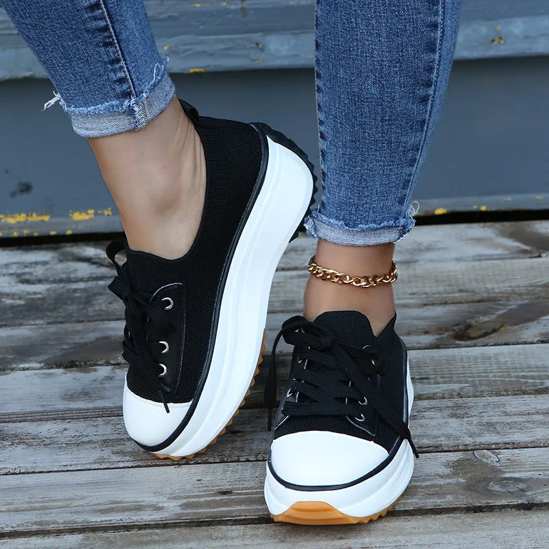 women's high sole Round Toe Lace-Up Sneakers & women's fly woven shoes