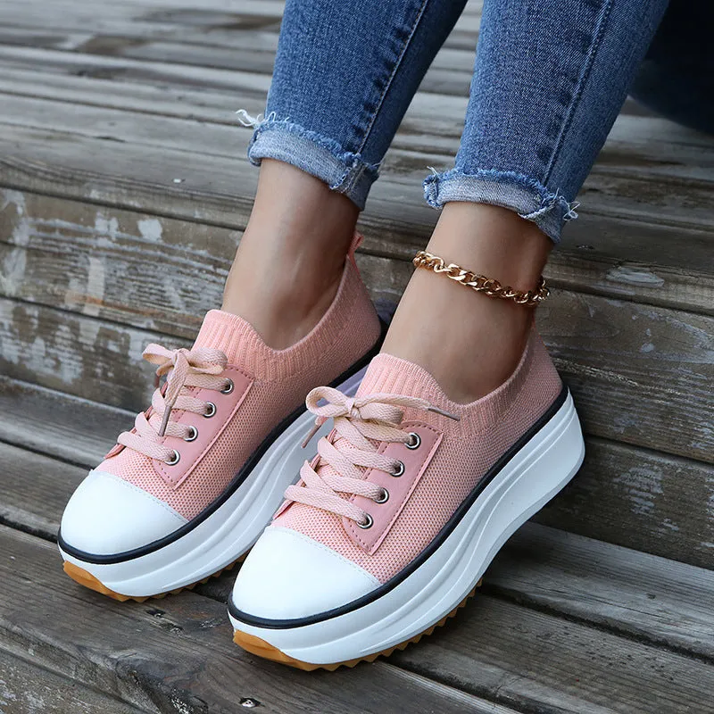 women's high sole Round Toe Lace-Up Sneakers & women's fly woven shoes