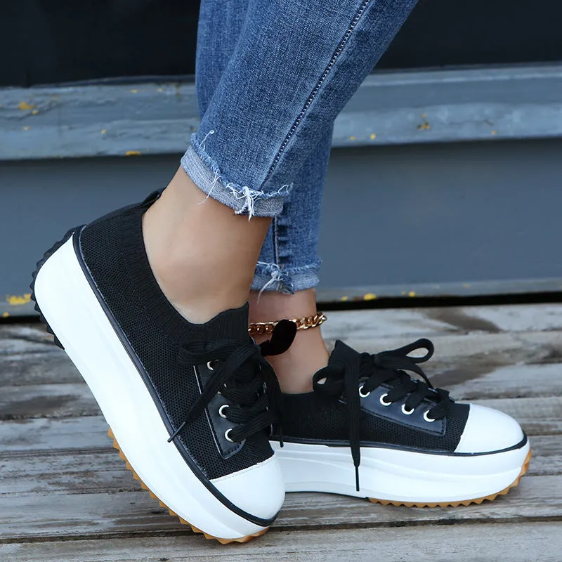 women's high sole Round Toe Lace-Up Sneakers & women's fly woven shoes