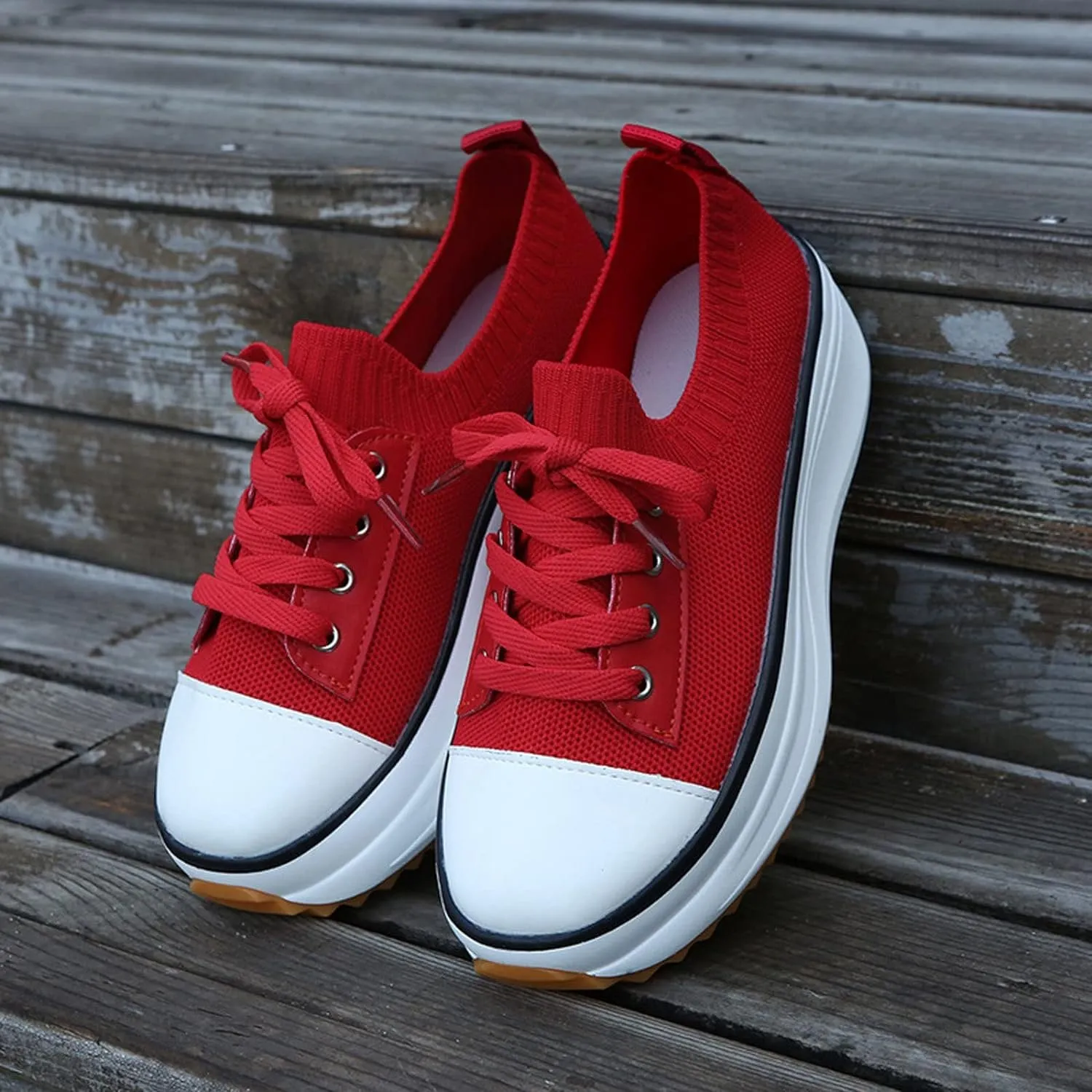 women's high sole Round Toe Lace-Up Sneakers & women's fly woven shoes