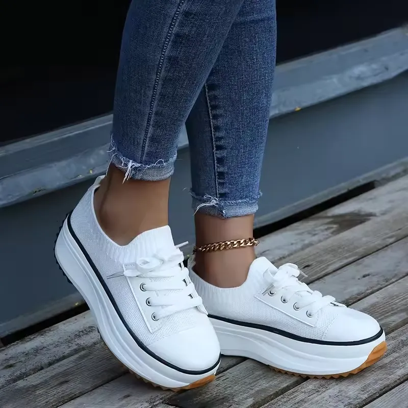 women's high sole Round Toe Lace-Up Sneakers & women's fly woven shoes