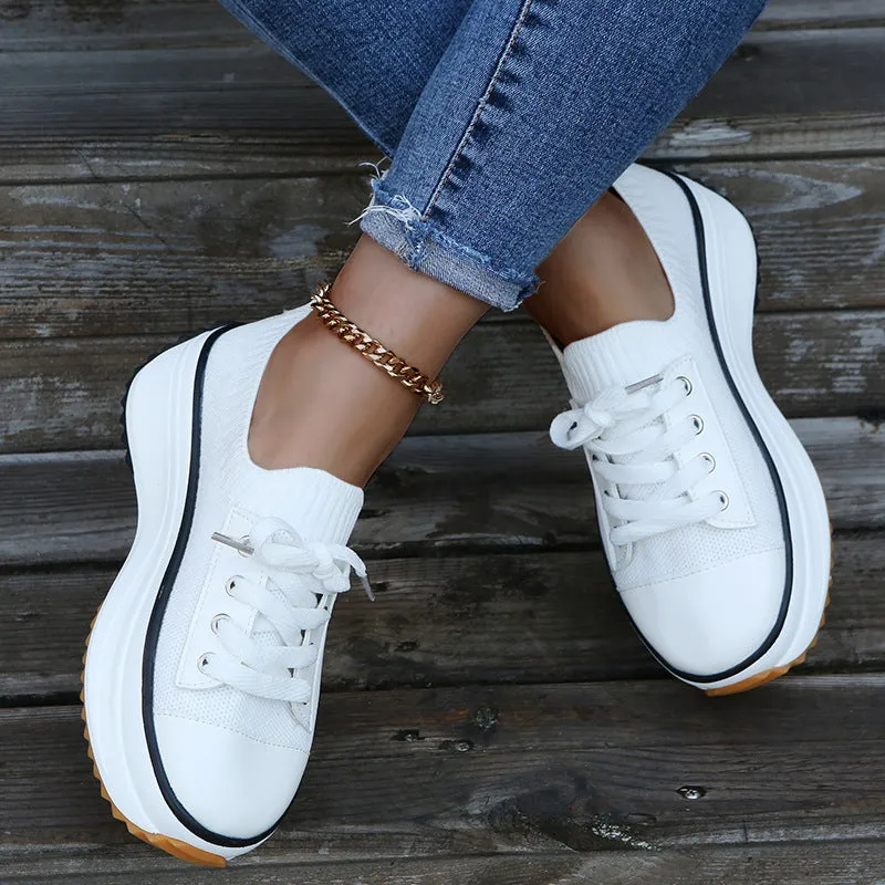 women's high sole Round Toe Lace-Up Sneakers & women's fly woven shoes