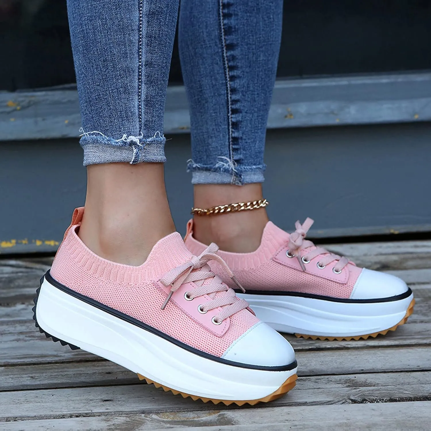 women's high sole Round Toe Lace-Up Sneakers & women's fly woven shoes