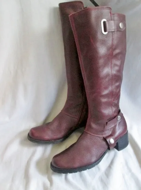 Womens KENNETH COLE REACTION Leather PACK LEADER Moto Riding Boots 7.5 RED BURGUNDY Rocker